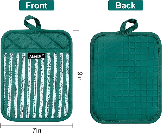 Alselo Silicone Pot Holders Set of 3 Heat Resistant & Non Slip Potholders, Professional Oven Hot Pads with Pockets Mitts for Kitchen Cooking Baking Barbecue (Emerald Green, 3)