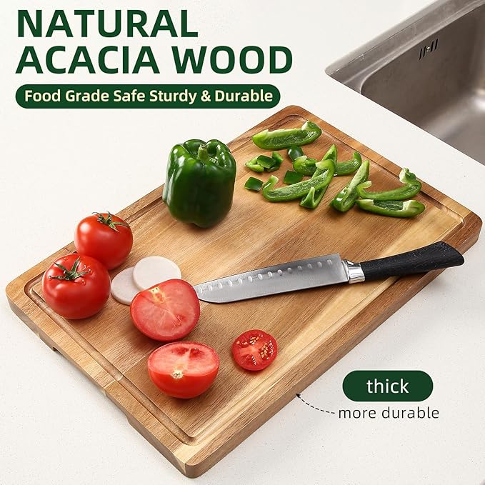 XL Cutting Board, 18x12 Large Acacia Wooden Cutting Board for Kitchen, Edge Grain Wood Chopping Board with Juice Groove and Handles, Pre-Oiled Carving Tray for Meat & Cheese
