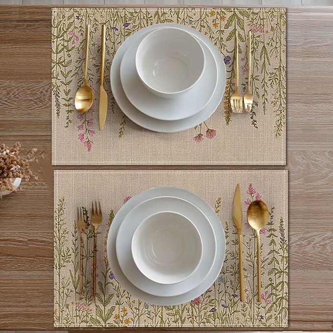 HOMETITUTE Wildflower Placemats Set of 4 Linen 12x18 Inch Washable Table Mats with Botanical Floral Design Decorative Table Placemats Set of 4 for Farmhouse Kitchen Dining Spring Summer Decor