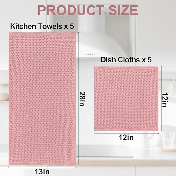 Homaxy 100% Cotton Kitchen Towels and Dishcloths Set, 12 x 12 Inches and 13 x 28 Inches, Set of 10 Bulk Kitchen Towels Set, Ultra Soft Absorbent Dish Cloths for Washing Dishes, Dried Rose
