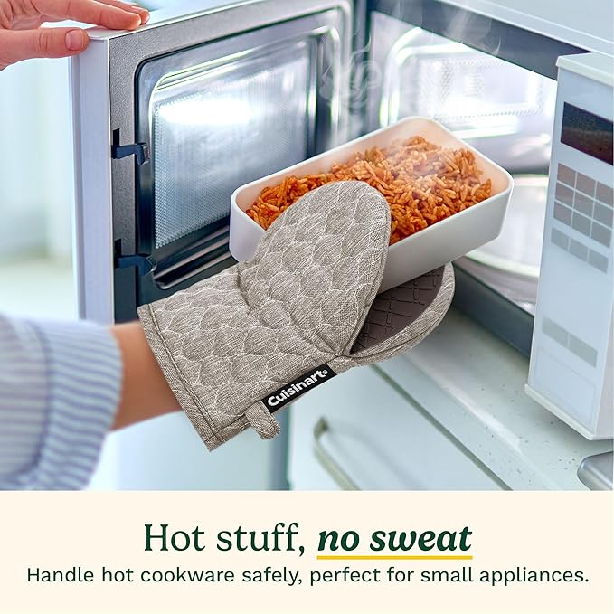Cuisinart Mini Oven Mitts – 5.5” x 8” Heat-Resistant Kitchen Mitts for Oven with Non-Slip Printed Silicone, Cotton Filling, and Faux Leather Loop – Durable Oven Mitt Set for Cooking & Baking