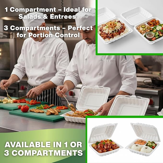 Front Lock MFPP Hinged Container, White Vented 9" x 9" – 1 Compartment Clamshell Disposable Takeout Boxes, Durable Microwaveable To-Go Containers for Restaurant & Food Service – 150 Pack