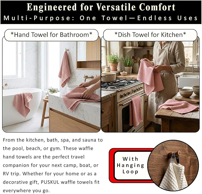 PÜSKÜL Natural 100% Turkish Cotton Waffle Kitchen Towels Set of 3 | Oeko-Tex, Premium Waffle Hand Towels for Bathroom | Soft Absorbent Quick-Dry Lint-Free Dish Towel Large 32x16 inch (3, Pink Powder)