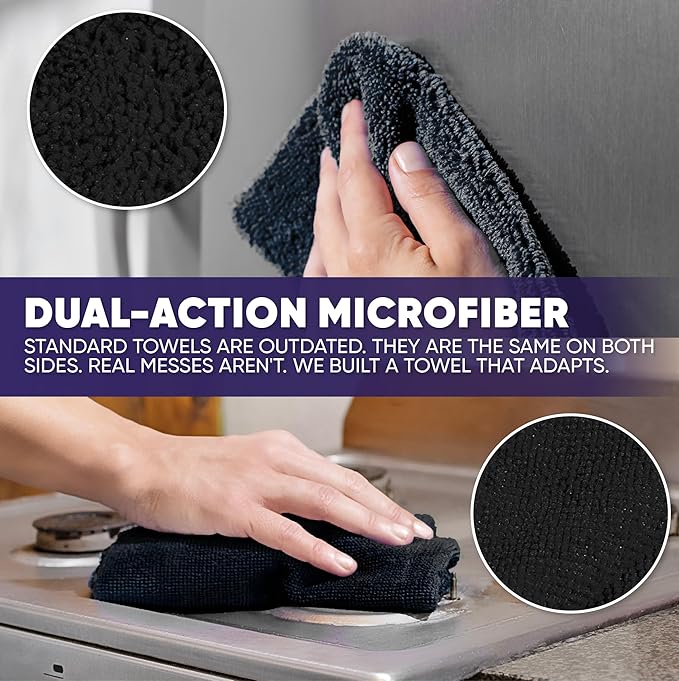 Microfiber Wholesale Pronto Cloths, Dual-Sided Microfiber Cleaning Towels, Soft Plush & Scrub Cloths for Dusting, Scrubbing, Kitchen, Windows & Car Detailing, Absorbent Bulk 300-Pack Black