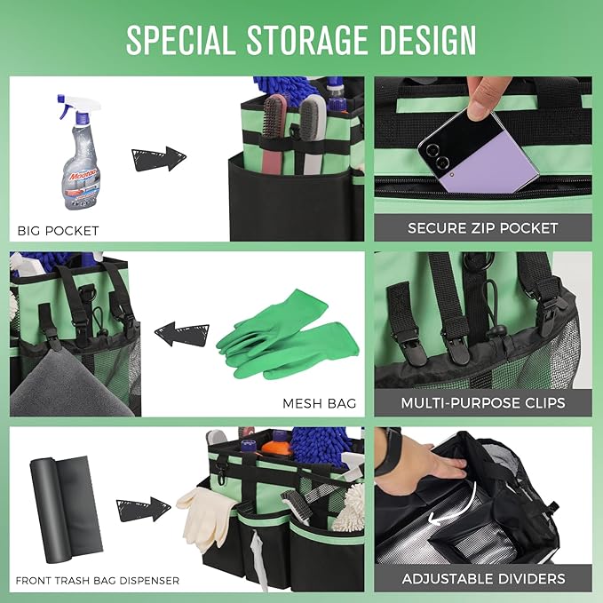 SCAVATA Wearable Cleaning Caddy, Cleaning Caddy Supplies Organizer with Handle & Shoulder Straps for Housekeepers, Under Sink & Car Cleaning Tool Organizers Bag with 4 Foldable Divider (MintGreen)