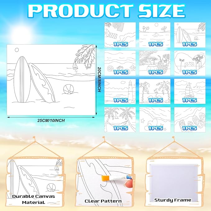 Motipuns 12 Set Pre Drawn Canvas for Painting for Adults Sip and Paint Kit with Easels 8 x 10 Inches Paint Party Kit with Printed Canvas Paints Brushes Palette Bag Apron(Beach)