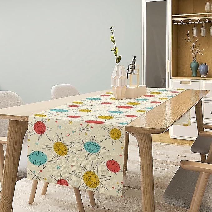 Mid Century Table Runner Retro Abstract Boho Geometric Atomic Starbursts Art Printed Dinner Runner for Home Kitchen Dining Table Decor Fabric 1 Panel W13xL36in