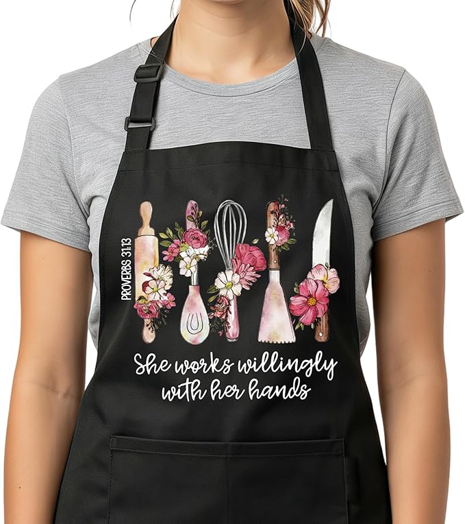 Kitchen Apron Gift for Women Christian Sister Friends,She Works Willingly With Her Hands(Proverbs 31:13) , Religious Cooking Baking Apron Gift for Mom Wife Grandma,Faith Apron with Pockets Adjustable