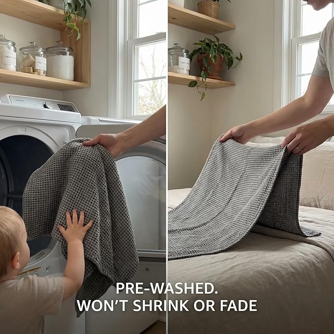 100% European Linen Hand Towels for Kitchen & Bath - Set of 2 - Waffle Weave, Highly Absorbent & Quick-Dry - 14 x 28 in - Stone Washed Flax