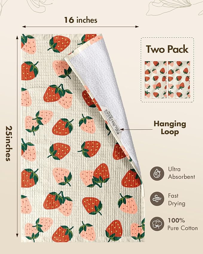 Miss Adola Cotton Waffle Kitchen Towels - Cute 370 GSM 16x25 Inch Terry Cloth Waffle Decorative Dishcloth for Kitchen Set of 2 with Hanging Loop Absorbent Hand Tea Towel for Home Design, Strawberry