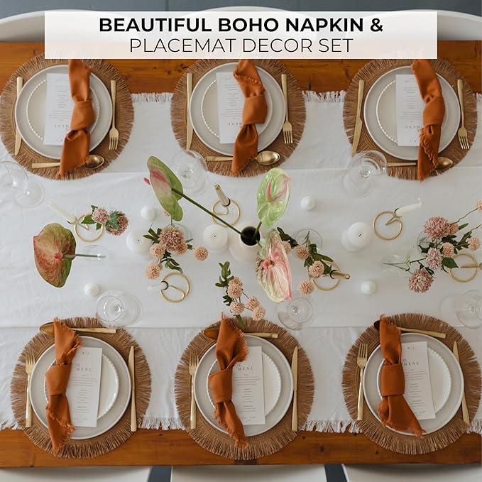 Decorative Boho Table Placemats Set of 6 with Matching Linen-Textured Napkins - Beautiful Natural Decor Elevates Your Dining Room or Kitchen Setting - Easy to Style & Mix with Linen Inspired Material