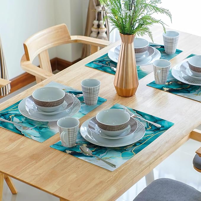 Giwawa Teal Marble Placemats Set of 4- Turquoise Blue Gold Marbling Linen Place Mat 12x18 Inch- Modern Stone Print Washable Heat Resistant Table Mats for Kitchen Dining Indoor Outdoor Decor
