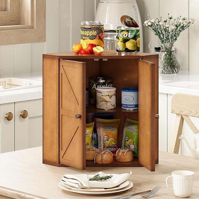Trironsun Corner Bread Box for Kitchen Counter Double Layer Bamboo Bread Storage Container Large Capacity Bread Storage Bin Farmhouse Breadbox Organizer (Antique Brown)