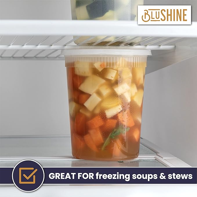 BluShine [24 Sets] 32 oz. Plastic Deli Food Storage Containers with Airtight Leak Proof Lids - Reusable - Microwave, Fridge, and Freezer Safe