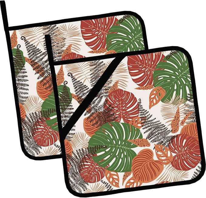 Pot Holders Set of 2 Heat Resistant & Non Slip Potholders,Boho Abstract Geometric Tropical Leaves Oven Hot Pads for Kitchen Cooking Baking Barbecue and Gifts for Women