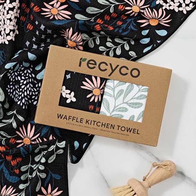 RECYCO Waffle Kitchen Towel Set of 2 - Quick Dry Microfiber Sustainable Dish Towels - Ultra Absorbent Reusable Cleaning Tea Towels - Lightweight Hand Towels,16”x 28”, Enchanted Bloom