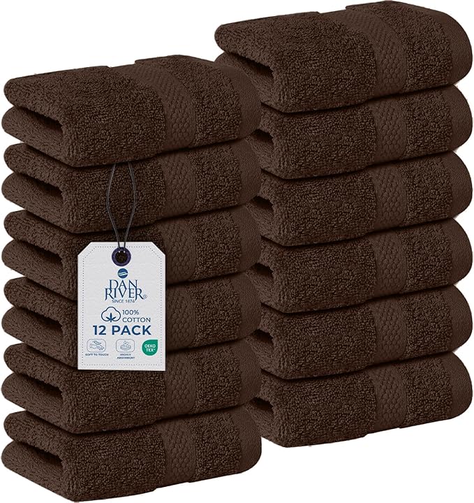 DAN RIVER 12-Pack Premium 100% Cotton Brown Face Towels for Bathroom - Reusable Face Wash Cloths for Showering 12x12 Inches - 550 GSM Super Soft & Absorbent Luxury WashCloths for Body, Spa & Gym