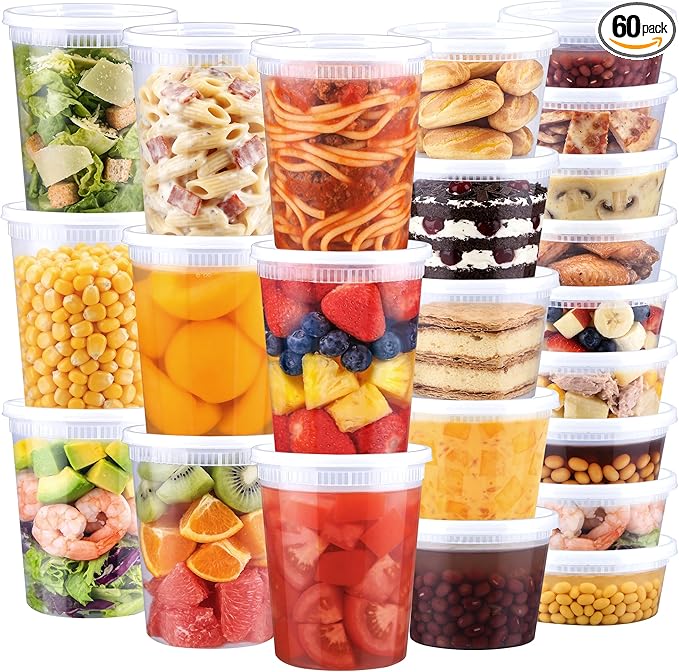 BYSNOW 60 Sets Deli Containers with Lids, 32/16/8 oz X 20 Set Each, Leak-Proof & BPA Free Airtight Takeout Plastic Food Storage Containers for Soup, Freezer/Microwave/Dishwasher Safe