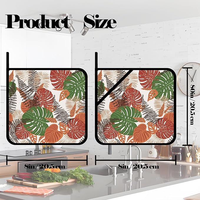 Pot Holders Set of 2 Heat Resistant & Non Slip Potholders,Boho Abstract Geometric Tropical Leaves Oven Hot Pads for Kitchen Cooking Baking Barbecue and Gifts for Women