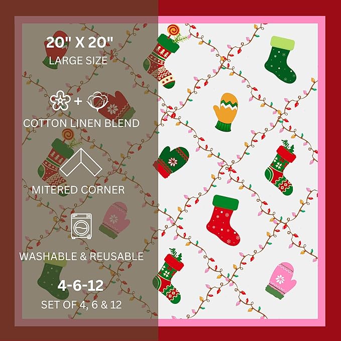 FINGERCRAFT Cloth Napkins, Set of 4 Cotton Linen Blend Printed Dinner Napkins Cloth Mitered Corner Perfect for Parties Dinners Christmas 20x20 Sugarplum