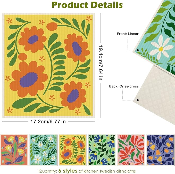 6 Packs Swedish Paper Cloths for Kitchen, Reusable Paper Towels Washable Dish Rags, Highly Absorbent Kitchen Towels Quick Drying Swedish Sponge Cleaning Dish Cloths(Bright Abstract Floral)