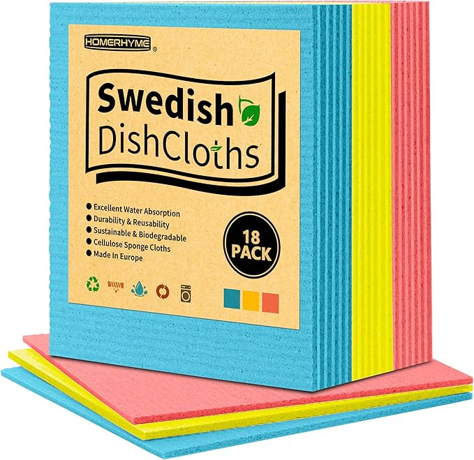 Swedish Dishcloths, 18 Pack Kitchen Towels Dish Rags, Absorbent Swedish Dish Towels for Kitchen, Non-Scratch Cellulose Cleaning Wipes, Biodegradable Washable Reusable Paper Towels