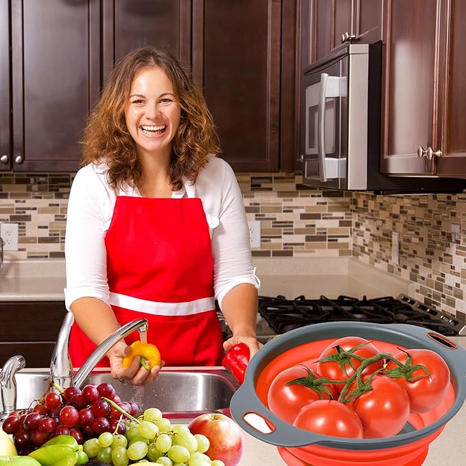 Red Round Silicone Collapsible Colander – Silicone Round Kitchen Strainers with Plastic Handles Foldable Kitchen Strainer Small Perfect for Draining Pasta Vegetable and Fruit
