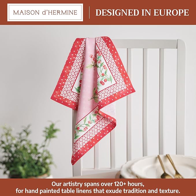 Maison d' Hermine Cloth Napkins Set of 4 100% Cotton Everyday Reusable Square Napkins Cloth Washable Dinner Party Wedding Restaurant Gifts for Mothers Day Spring/Summer (Pink Cherries, 18" x 18")