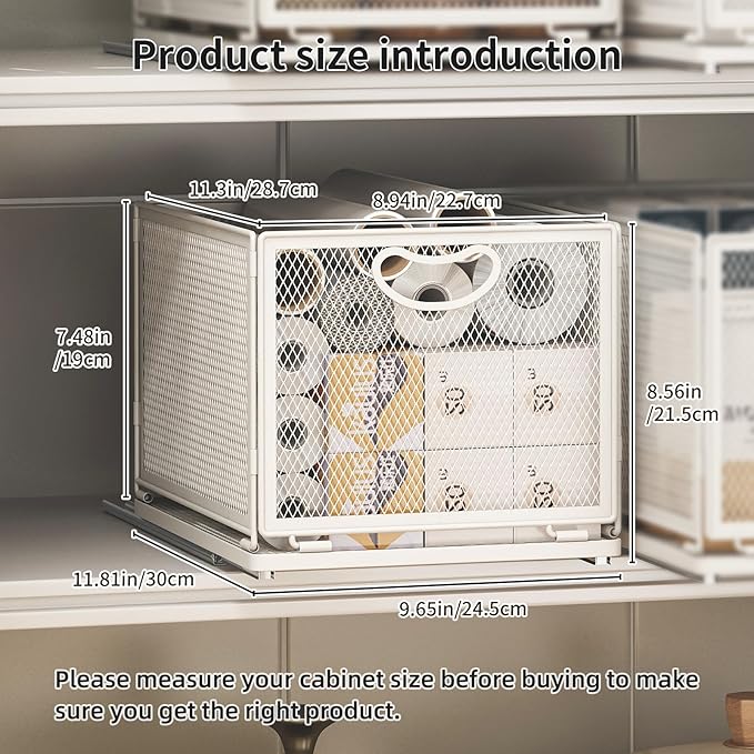2 Pack Pull Out Cabinet Organizer, No Drill Adhesive Sliding Drawers for Kitchen, Metal Mesh Wire Storage Shelf for Pantry & Under Sink, White (9.6" W x 11.8" D x 8.4" H)