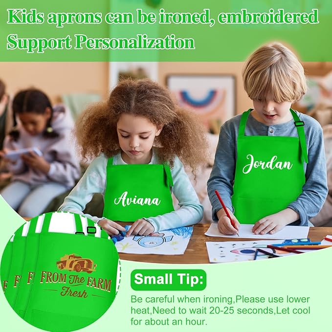 12 Pack Kids Apron Bulk with 2 Pockets Adjustable Chef Art Apron Kids Painting Aprons for Cooking Baking Painting Crafting Grilling Activity（Green）