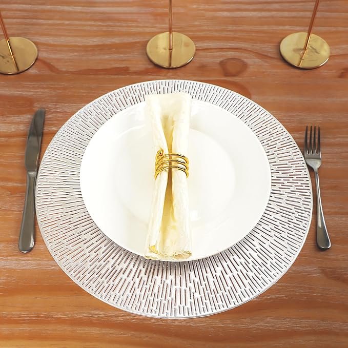 Snowkingdom Silver Round Placemats Set of 6, 15 Inch Metallic Pressed Vinyl Place Mats, Easy Clean Non Slip Heat Resistant Washable PVC Hollow Out Table Mats for Dinner Party Table Decoration