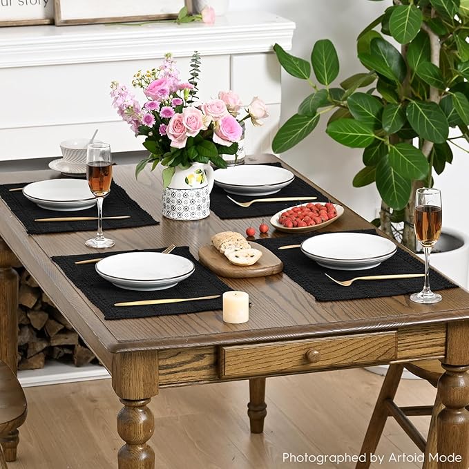 Artoid Mode Black Farmhouse Woven Rustic Hollow Placemats Set of 4,12x18 Inch Seasonal Holiday Table Mats Party Kitchen Dining Decoration