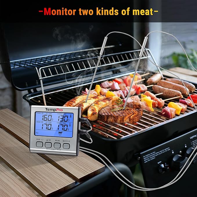 TempPro TP17 Dual Probe Digital Cooking Meat Thermometer Large LCD Backlight Food Grill Thermometer with Timer Mode for Smoker Kitchen Oven BBQ, Silver (Previously ThermoPro)