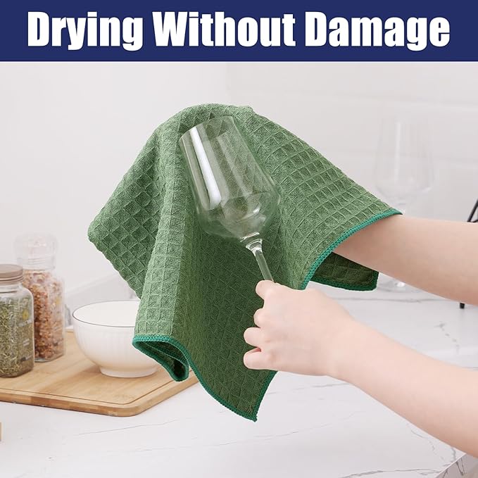 Homaxy Microfiber Waffle Weave Kitchen Towels Set, 16 x 28 Inch and 12 x 12 Inch Ultra Absorbent and Solid Color Dish Towels, 8 Pack, Grass Green