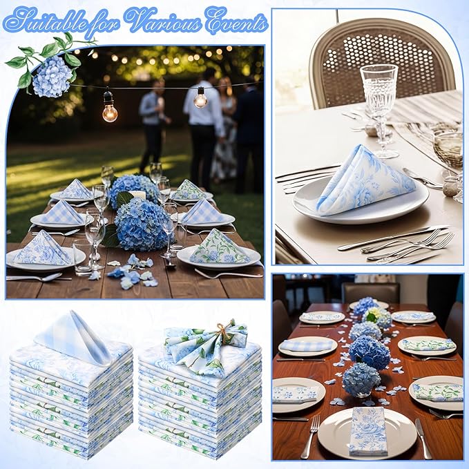 Hydrangea Floral Cloth Napkins 6 Patterns Washable Dinner Tea Party Napkins Reusable Plant Flowers Square Napkin Cotton Towel Decorative for Spring Wildflower Party(Blue Hydrangea,12 Pcs)