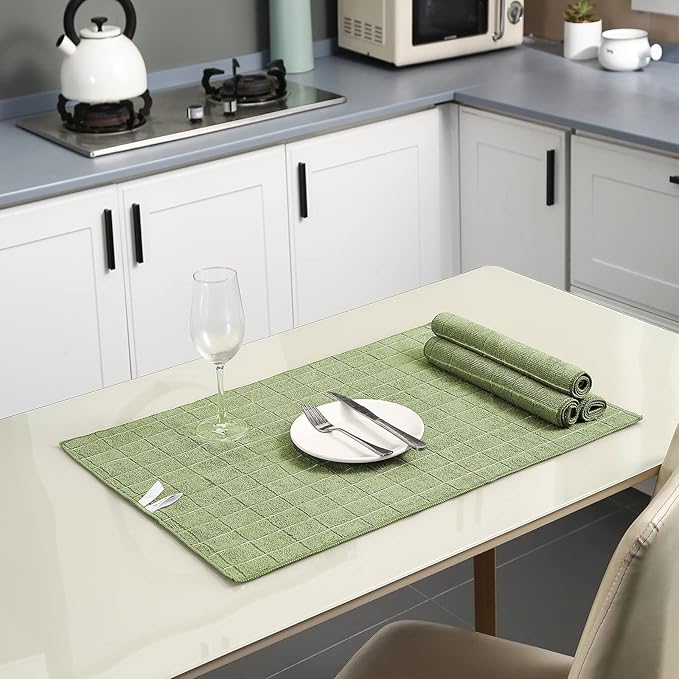 Puomue Microfiber Kitchen Towels and Dishcloths Set, 26 X 18 Inch and 12 X 12 Inch, Set of 12 Bulk Lint Free Dish Towels for Drying Dishes, Olive Green