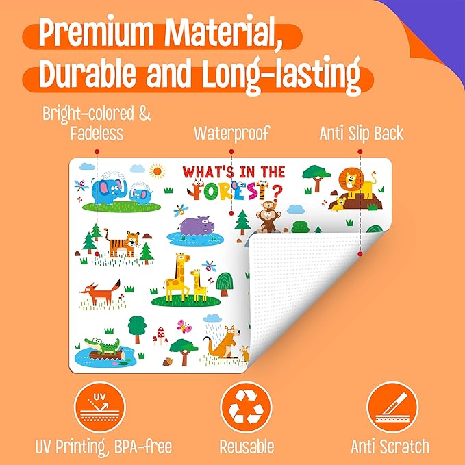 6 Pack Placemats for Kids, Non-Slip Washable, Reusable Placemat - Dinosaur, Farm/Wild/Marine Animals, Construction Site, Universe, Educational Placemats for Home, Kindergarten, Classroom, Nursery