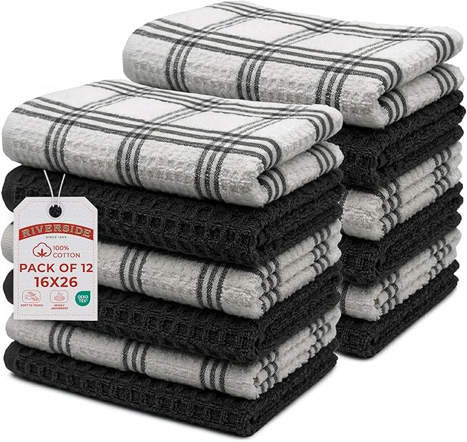 RIVERSIDE Pack of 12 Premium Kitchen Towels 16 x 26 Inches, 100% Cotton Kitchen Hand Towels, Super Soft and Highly Absorbent Dish Towels for Kitchen (Black)
