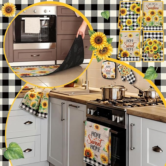Fourluoo 10 Pcs Sunflower Kitchen Decor Bee Oven Mitts and Pot Holders Set Sunflower Dish Towels Summer Rugs Mats Farmhouse Kitchen Accessories for Chef Baking Cooking Grilling Women Home Retro Gift