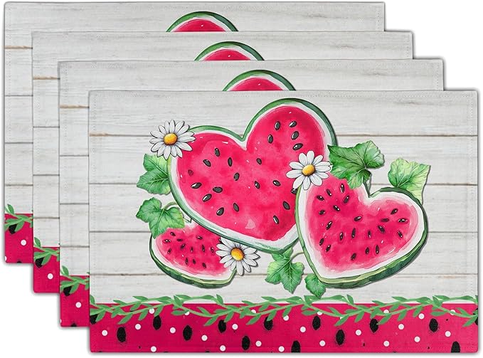Watermelon Placemat for Table Dining Set of 4，Tropical Fruit Heat Resistant Washable Table Mats,White Daisy Table Dining Mat for Seasonal Party Kitchen Decor