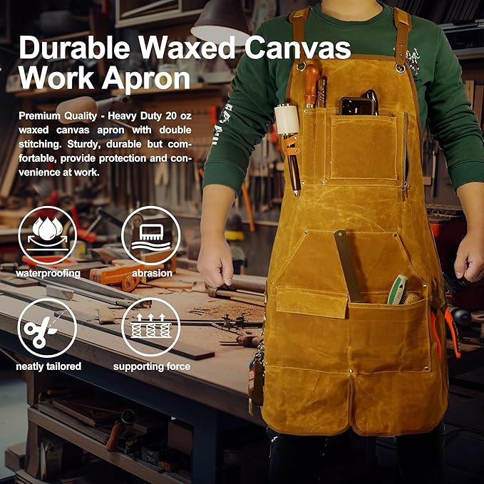 Woodworking Apron for Men, Gifts for Men, with 9 Tool Pockets, Waterproof Durable Waxed Canvas Work Apron for Woodworkers Carpenters Blacksmiths Provide Comprehensive Protection