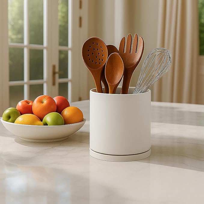 D'vine Dev 360° Rotating Utensil Holder Set – 7.2"+5" Kitchen Utensil Crocks for Countertop, Modern Cooking Tool Organizers for Kitchen Storage +Décor, Oatmeal, Set of 2, 72-Z-D-1