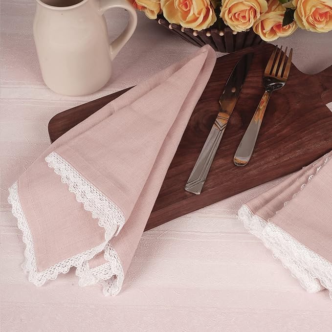 Fingercraft Dinner Cloth Napkin Cotton Linen Set of 12 Mitered Corners with Natural Elegant Lace for Everyday Use Napkins are Pre Shrunk and Good Absorbency with Lace 20x20 in Dusty Pink Easter Color