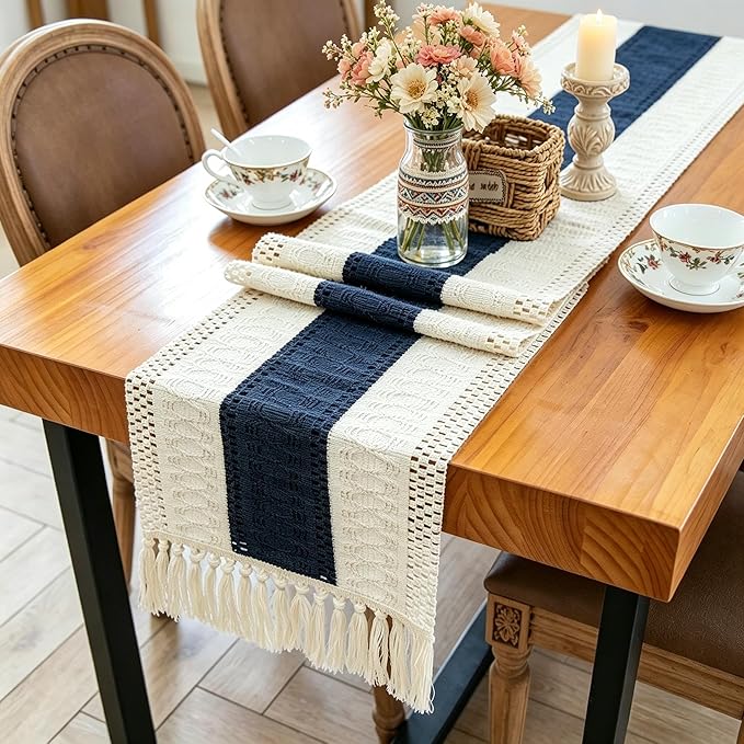 Boho Table Runner for Home Decor with Tassels 72 Inches Long Farmhouse Rustic Navy Blue Table Runner Macrame Burlap Table Decoration for Living Room Bridal Shower(12x72in)