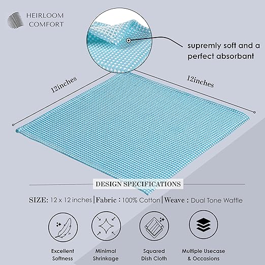 12 Pack Dual Tone Waffle Weave Dish Cloth, 12x12 Inches, 100% Cotton, Super Absorbent, Fast Dry, Durable Dishcloth Set, Soft Hand Towels, Cleaning, Machine Washable, Aqua Blue