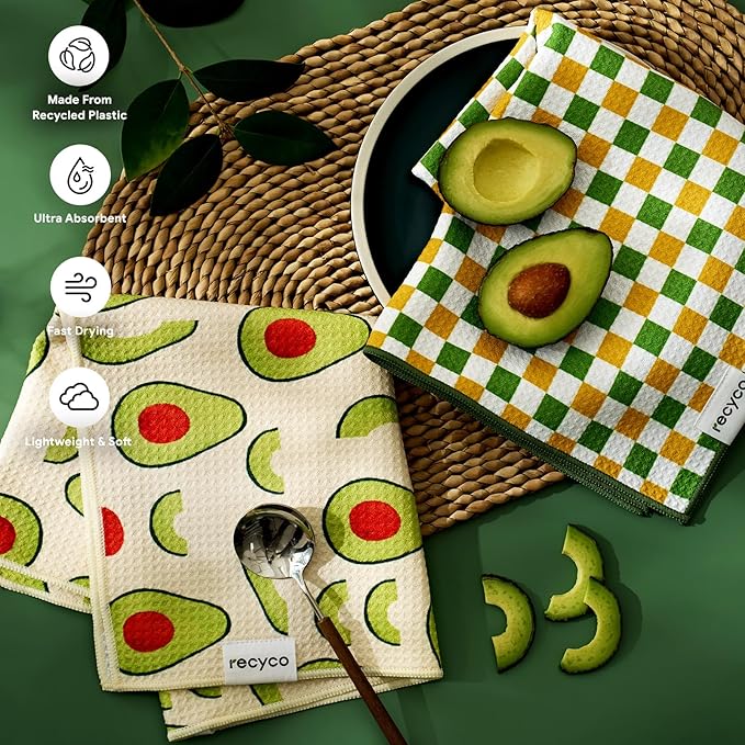 RECYCO Waffle Kitchen Towel Set of 2 - Quick Dry Microfiber Sustainable Dish Towels - Ultra Absorbent Reusable Cleaning Tea Towels - Lightweight Hand Towels,16”x 28”, Avocado Vibes