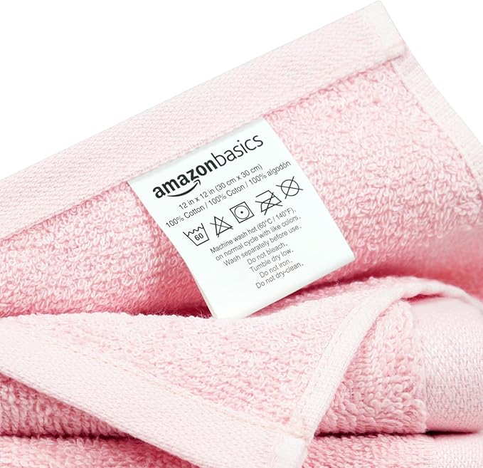 Amazon Basics face Towels for Bathroom, 100% Cotton Extra Absorbent washcloth, Fast Drying - Salon Towel - 144 Pack Petal Pink (12 x 12 inches)