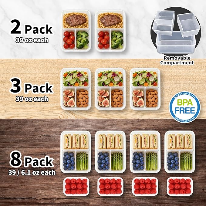 KIGI Lunch Container Set with Small Containers, 3 Compartment Food Storage for Meal Prep & Snacks, Leak-Proof & Airtight lids, BPA-free Plastic, Removable Divided Inserts, Microwave Safe, 24 Piece Set
