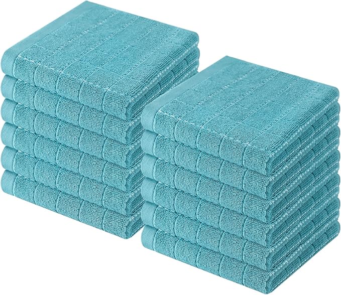 Homaxy 100% Cotton Terry Kitchen Dish Cloths, Ultra Soft and Absorbent Dish Towels for Kitchen, Suitable for Drying and Washing Dishes, 12 Pack, 12 x 12 Inches, Lake Blue