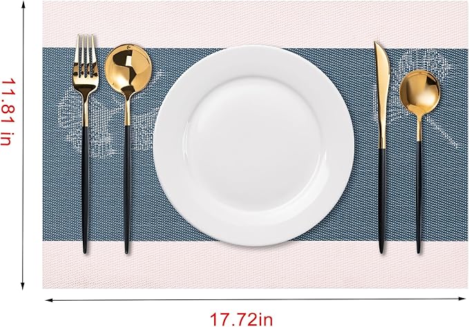 CADONO Placemats Set of 6 Washable Indoor/Outdoor Vinyl Place Mats for Dining Table Durable Non-Slip Heat Resistant PVC Weave Table Mats（Ginkgo biloba Blue White）
